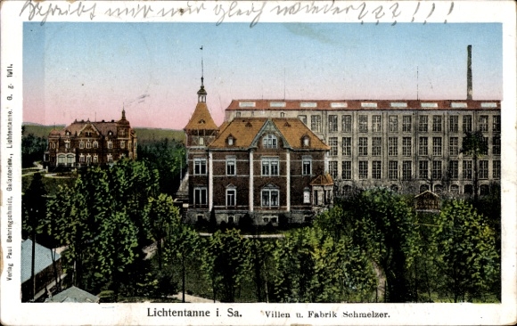 Postcard Lichtentanne Saxony, villas, Schmelzer factory, landscape, historical architecture
