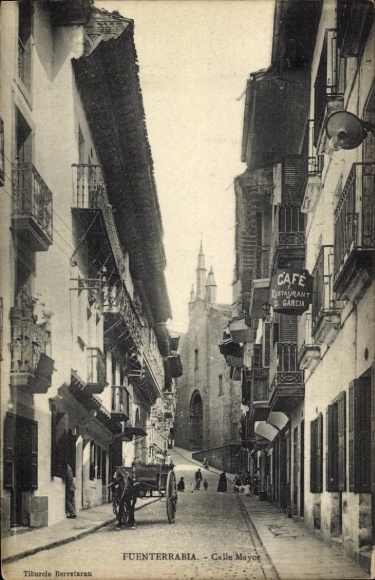 Postcard Hondarribia Fuenterrabia Basque Country, Calle Mayor, Cafe Restaurant Garcia, Architecture