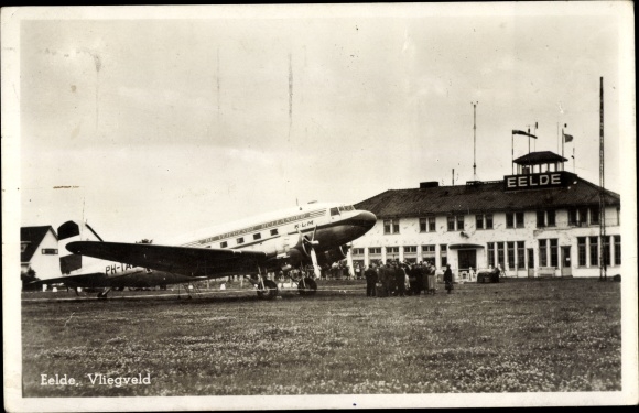 Postcard Eelde Drenthe Netherlands, Vliegveld, Airport, KLM, Dutch passenger plane
