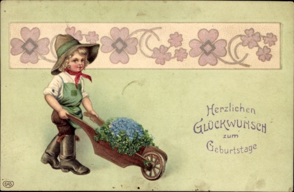 Embossed PC congratulations birthday, flowers, boy with cart