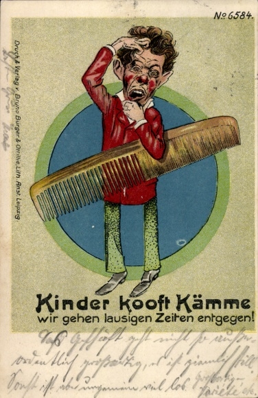 Litho Kinder kooft Kämme, wir gehen lausigen Zeiten entgegen, Bruno Bürger 6584