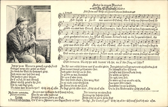 Song Postcard Soph, Hans, Da Eis&#39;nbah, man with a pipe, Erzgebirge dialect