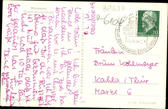 Postcard Wasungen in the Thuringian Forest, section on the lower main street, half-timbered houses