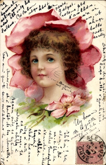 Chromo-Litho Child portrait in a Rose Blossom
