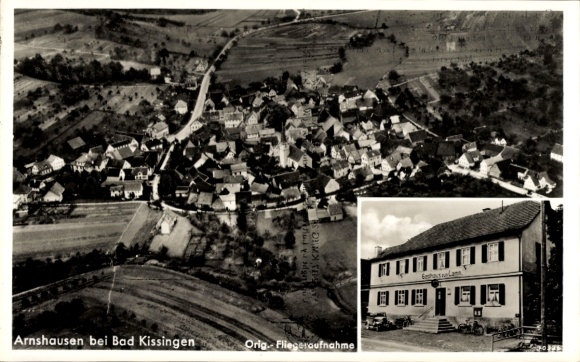 Postcard Arnshausen Bad Kissingen Lower Franconia Bavaria, aerial view of Arnshausen, Gasthaus zum Lamm