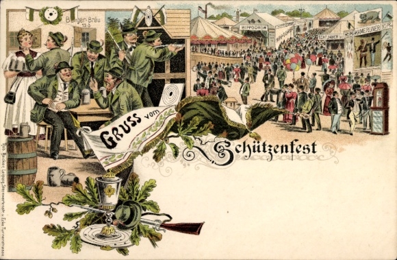 Chromo-Litho Greetings from the Schützenfest, fairground, attractions, marksmen