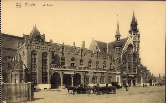 Postcard Bruges Bruges Flanders West Flanders, De Statie, train station, street side