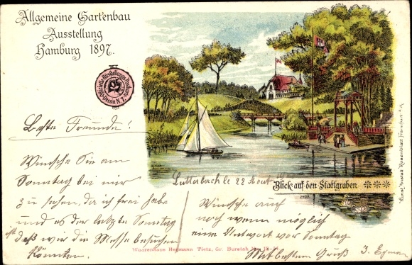 Chromo-Litho Hamburg Mitte Old Town, General Horticultural Exhibition 1897, city moat