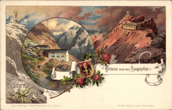 Ak Zugspitze, Landschaftszene, Gebirge,  Blumen, r Stil, 