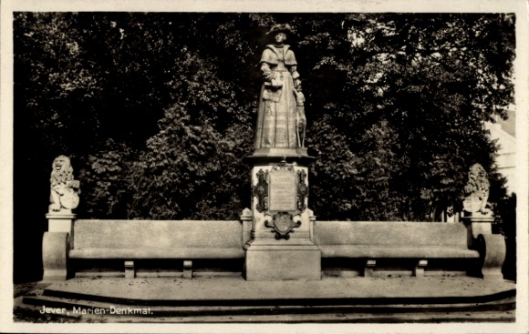 Postcard Jever in Oldenburg Friesland, Marien monument, statue, benches, trees