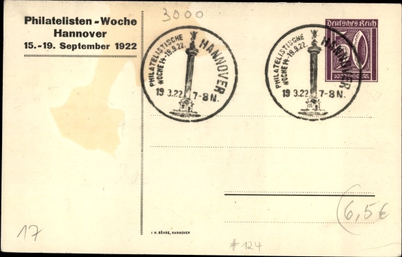 Postal stationery PC Hanover in Lower Saxony, philatelic week 1922, PP 61 C 4/03