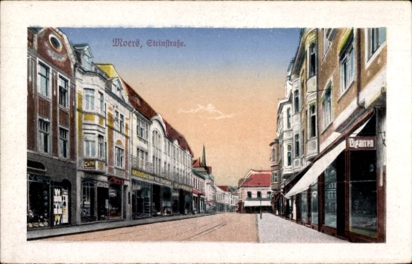 Postcard Moers am Niederrhein, Steinstraße, shops, café, furniture store