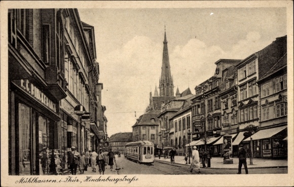 Postcard Mühlhausen in Thuringia, Hindenburgstrasse, tram