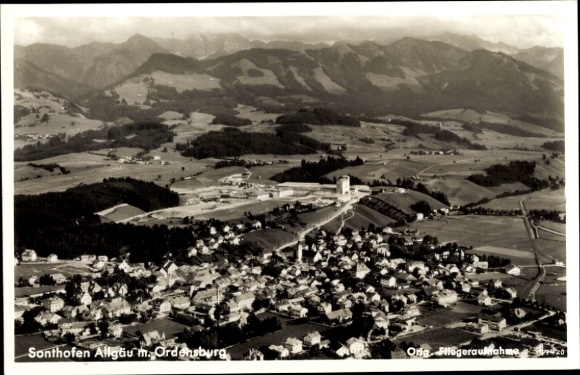 Postcard Sonthofen in Oberallgäu Swabia, aerial photograph with Ordensburg