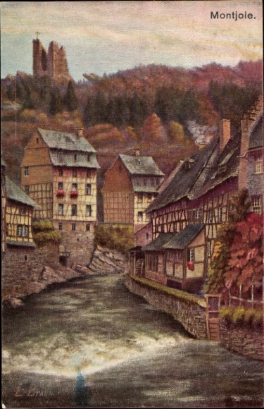 Ak Monschau Montjoie in der Eifel,  Flusslandschaft, Fachwerkhäuser, Ruine Haller