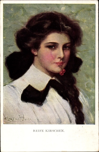 Kunstenaarskaart Underwood, Clarence, rijpe kersen, portret van een vrouw, M. Munk nr. 832