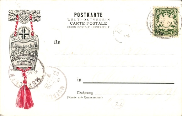 Coat of arms embossed litho Nuremberg in Middle Franconia Bavaria, 10th German Gymnastics Festival 1903, Turnvater Jahn