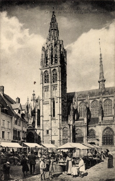Ak Caudebec en Caux Seine Maritime, La Place du Marebe, L'Eglise Notre-Dame