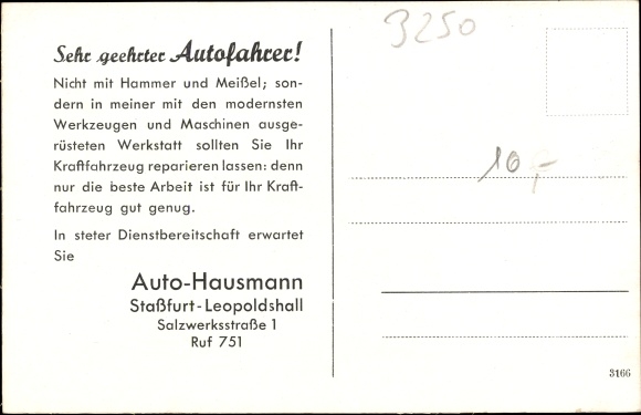 Postcard Leopoldshall Stassfurt in the Salzland district, Auto Hausmann, Salzwerksstraße 1