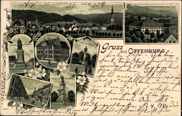 Moonlight Chromo-Litho Offenburg in Baden Black Forest, Oken Monument, Drake Monument, Town Hall, Bahnhofstraße