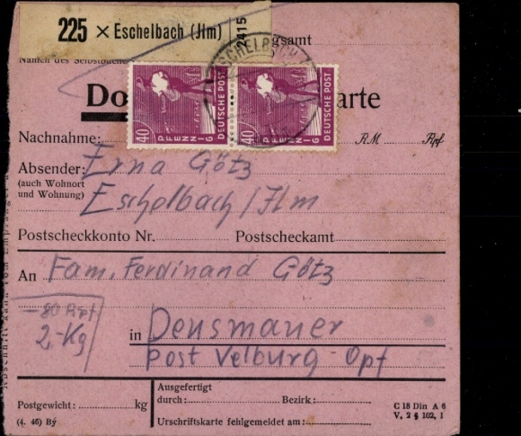 Michel No. 954 (2) on replacement parcel card