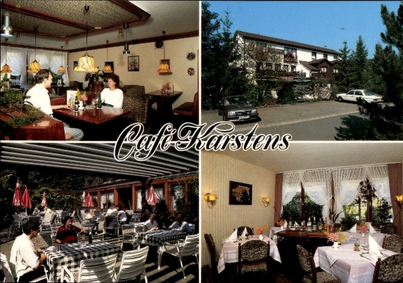 Postcard Beversen Bad Bevensen in Lower Saxony, Cafe Karstens, guest room, people, exterior view