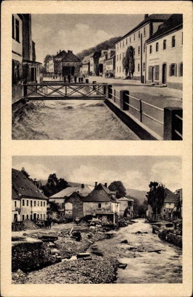 Ak Berggiesshübel, hoofdstraat, rivier, brug, overstroming op 08/09. juli 1927