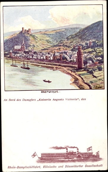 KP artysty Oberwesel am Rhein, panorama, Kolonia Düsseldorf Reński parowiec Empress Auguste Victoria