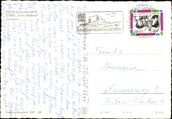 Postcard FDGB holiday ship GTMS Fritz Heckert, Tanzsalon