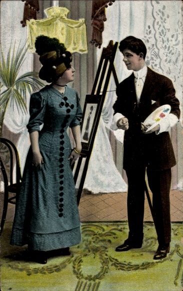 Ak Maler mit Farbpalette, Junge Frau in blauem Kleid, Porträt