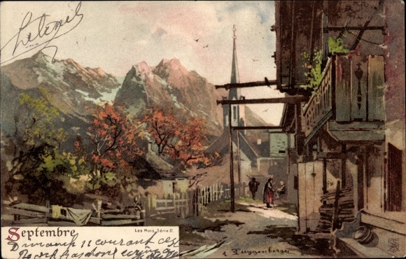 Kunstenaar litho Guggenberger, Thomas, Allegorie September, omgeving, kerk, bergen