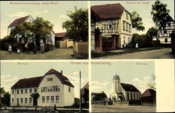 Postcard Großdalzig Zwenkau in Saxony, school, church, grocery store