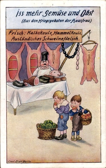 Künstler Ak Carl Diehl, Iss mehr Gemüse und Obst, Aus den Kriegsgeboten der Hausfrau, Markt