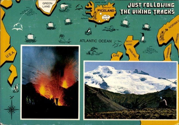 Postcard volcanic eruption, mountains, Viking Sea Route, Atlantic Ocean
