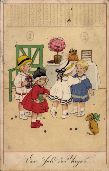 Artist Postcard Döring, Lia, The hero of the day, congratulations birthday, cake table, Meissner and book