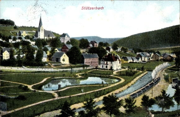 Postcard Stützerbach Ilmenau Thuringian Forest, view of church, houses, railway, pond