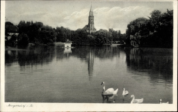 Ak Neugersdorf in der Lausitz, Kirche, Teich, Schwäne