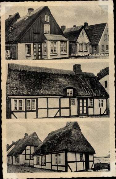 Ak Maasholm in Sleeswijk-Holstein, oude vakwerkhuizen