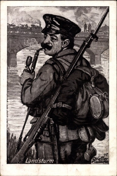 Artist PC Strieffler, Heinrich, Landsturm from 1915, soldier in front of a railway bridge, I.WK
