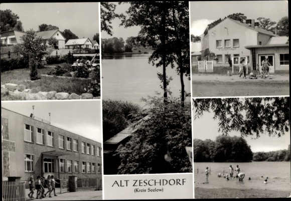 Postcard Alt Zeschdorf in der Mark, settlement, middle lake, culture center, high school, bathing beach