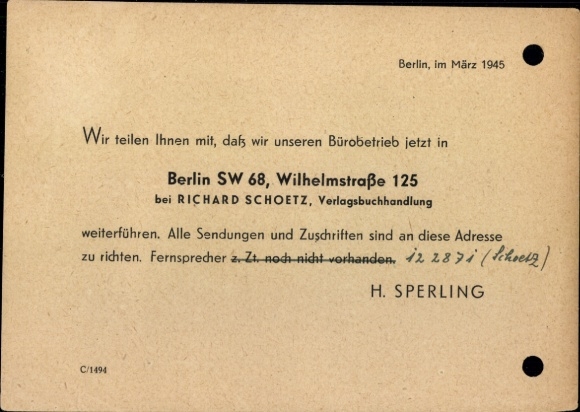 Michel No. 784 "Berlin Wilhelmsruh 18.4.45", punched