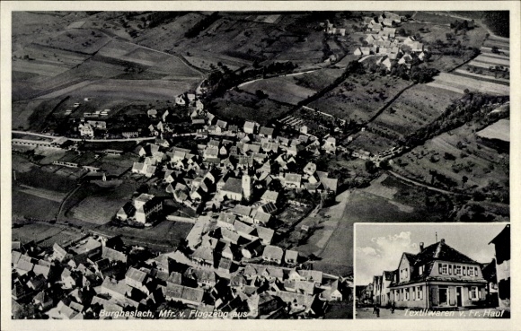 Ak Burghaslach in Mittelfranken, Fliegeraufnahme, Textilwaren v. Fr. Hauf