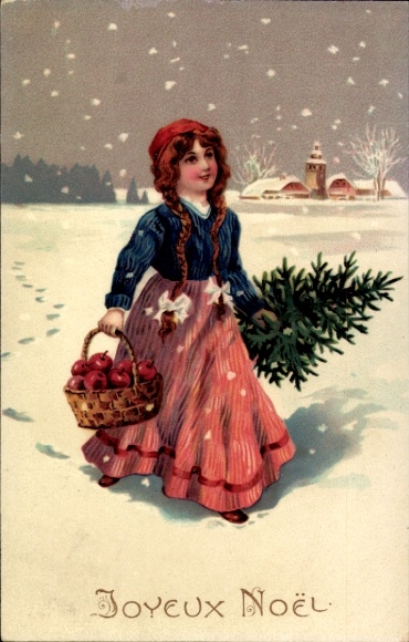 Postcard Congratulations Christmas, Christmas tree, girl, basket, apples