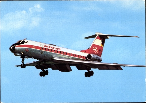 Postcard German passenger aircraft Tupolew TU-134 Interflug, turbine jet airliner