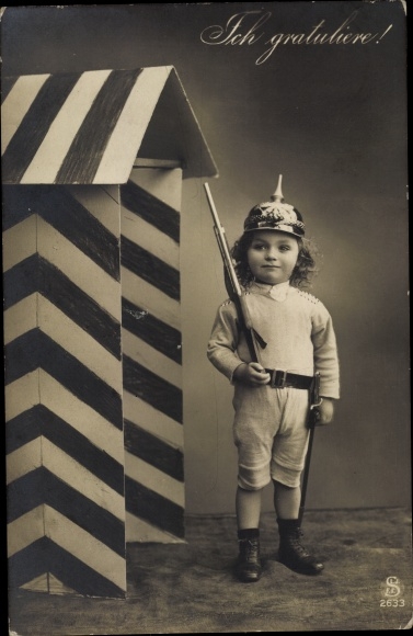 Postcard child as a guard, spiked helmet, I congratulate