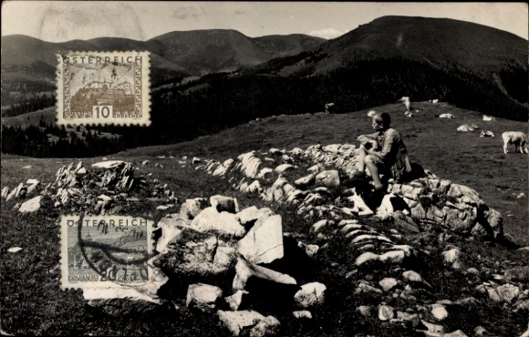 Ak Köflach Steiermark, Mann auf Felsen, Schafe, Berge, Österreich, Briefmarken