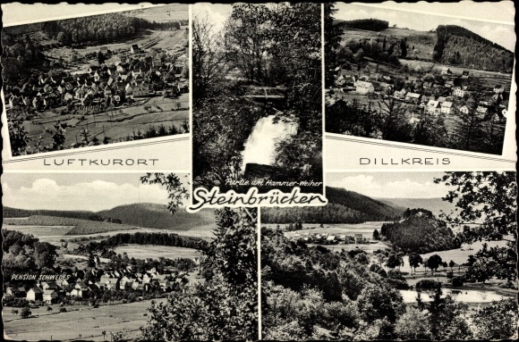 Postcard Steinbrücken Dietzholztal in Hesse, Pension Schwedes, town view, Hammer-Weiher