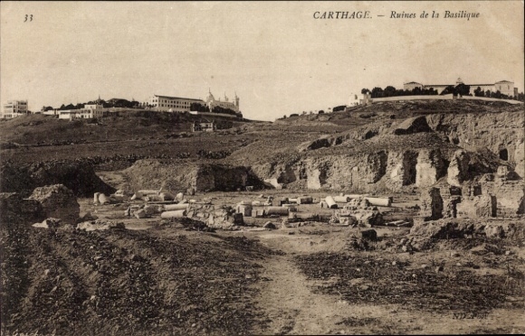 Ak Karthago Tunis Tunesien, Ruinen der Basilika, Landschaftsaufnahme, historische Stätte