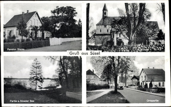 Postcard Süsel in Ostholstein, Pension Siems, church, lot at the Süseler See