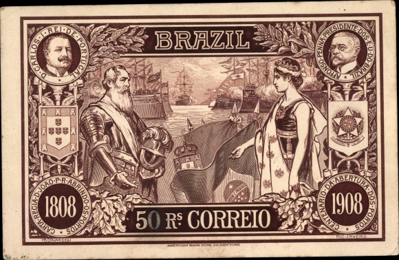 Postcard Brasilien, 50 Reais Correio, Don Carlos de Portugal, Alfonso Penna